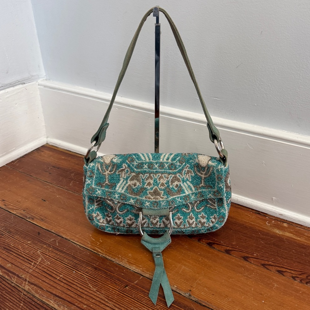 Vintage Christiana Blue White Gray Beaded Shoulder Bag Floral Blue Suede Silver